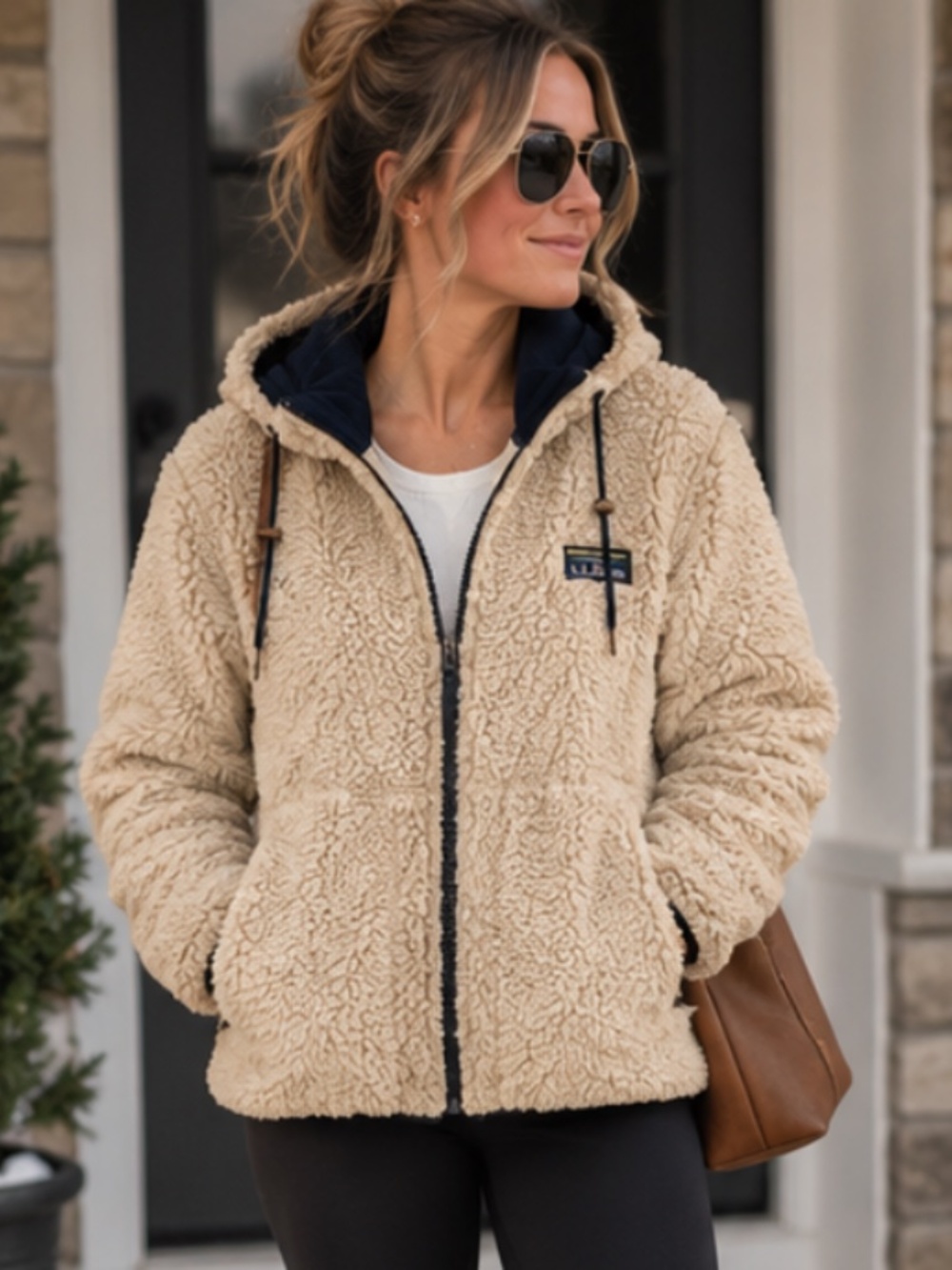 L.L. Bean Women’s Cream Sherpa Mountain Pile Fleece Jacket with Navy Trim